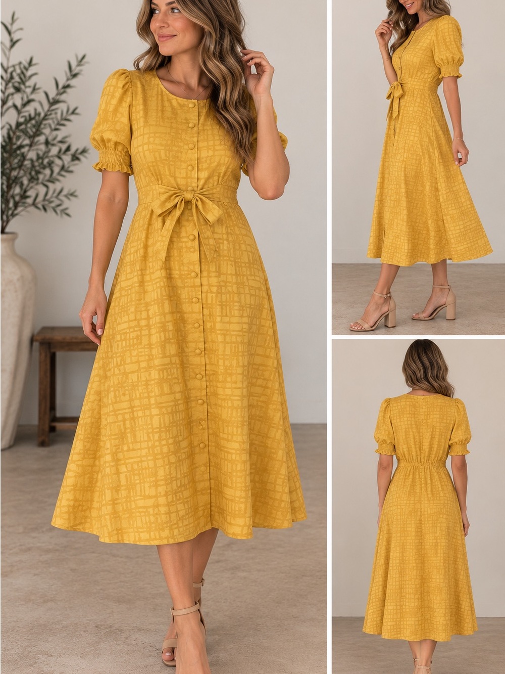 NWT Maison Tara Tie-Waist Midi Dress in Mustard Yellow with Puff Sleeves size 10
